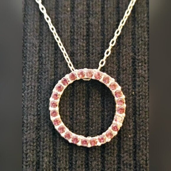 Silvertone Pink Rhinestone Circle Pendant Necklace – Minimalist Sparkle - Picture 4 of 6